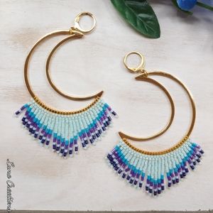 Extra Large Brass Moon Fringe Earrings Statement